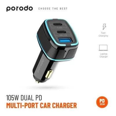 Porodo 105W Dual PD Multi-Port Super-Fast Car Charger - Black